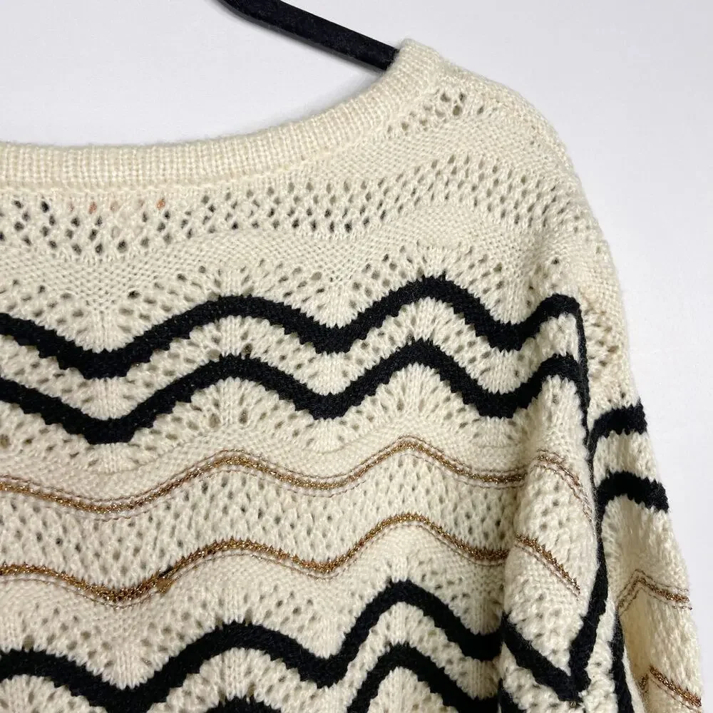 New Skies Are Blue Medium M Cream Black Gold Chevron Striped Open Knit Sweater